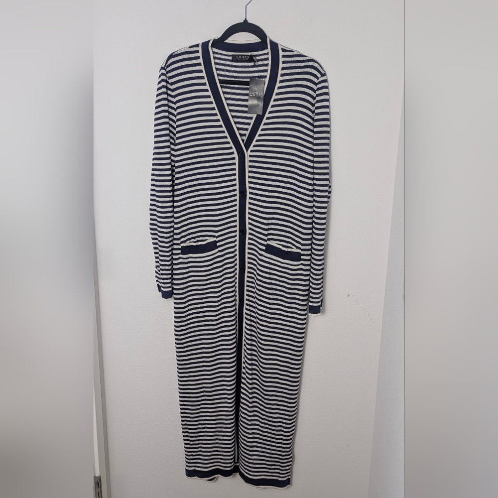 NWT Lauren Ralph Lauren Long Striped Silk Blend Cardigan Navy Nautical Size L - Picture 5 of 16